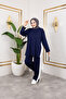 Women's Efsa Navy Blue Crew Neck Side Stripe and Bottom-Top Two-Piece Set with Trouser Pockets