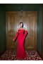 Red Satin Sleeve Detailed Stone Printed Dress - 2