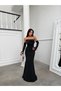 Black Satin Dress with Sleeve Detail and Stone Embellishment - 4