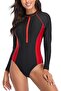 Long Sleeve One-Piece Swimsuit Front Zipper Bathing Suit Slim Fit Beachwear M0039 - Red
