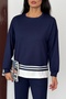 Women's Side Slit Slim Sh Striped Detail Long Sleeve Sweatshirt Modal Set - 3