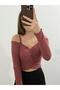 New Season Women's V-Neck Gathered F Corded Fabric Off-The-Shoulder Knitwear Blouse - 2