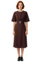 Women's Burgundy A-Line Cut Midi Length Plain Matte Satin Woven Dress with Accessory Detail Stylish Crew Neck - 3