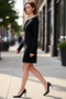 Women's Black a Line Short Mini Knitwear Dress Lacing Detail Scoop Neck Long Standard Sleeve Corded Fabric