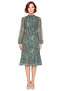Women's Shawl Patterned Lined Flounced Chiffon Midi Dress Mock Neck Long Balloon Sleeves A-Line Quality - 3
