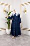 Women's Buttoned Lace Collar Navy Blue Denim Dress - 4