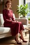 Women's A-Line Cut Midi Length Long Sleeve Woven Winter Cut Out Stylish Dress with Accessory Detail - 2