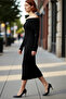 Women's Carmen Collar Long Sleeve Midi Length Plain Shift Knit Dress Spring Autumn Chic