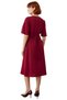 Women's Burgundy A-Line Cut Midi Length Plain Matte Satin Woven Dress with Accessory Detail Stylish Crew Neck - 4
