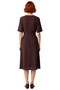 Women's Burgundy A-Line Cut Midi Length Plain Matte Satin Woven Dress with Accessory Detail Stylish Crew Neck - 4