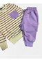 Girl's Cotton Fabric Beige Color Lilac Color Striped Pattern Long Sleeve Tracksuit Set - 4