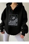 Unisex Black V-Neck Hooded Sunflower Printed Oversized Swetshirt