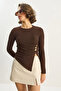 Women's Brown Crew Neck Asymmetrical Cut Ribbed Blouse with Accessory Detail 2279 60283703 - 3
