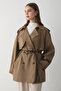 Women's Khaki Double-Breasted Collar Lined Belt Detailed Trench Coat - 3