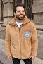 Plush Cardigan Unisex Model with Pockets Comfortable Fit Mock Neck Beige - 2