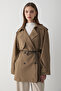 Women's Khaki Double-Breasted Collar Lined Belt Detailed Trench Coat