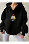 Unisex Black V-Neck Hooded Love Cat Printed Oversized Swetshirt