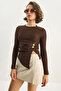 Women's Brown Crew Neck Asymmetrical Cut Ribbed Blouse with Accessory Detail 2279 60283703 - 4