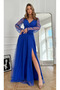 Women's Long Sleeve Double-Breasted Collared Long Crepe Dress with Belt at the Waist and Tulle, Special Occasion and Evening Dress