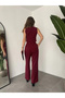 Women's Burgundy Striped Pleated Full-Fit Wide Leg Pants with Tucked Waist Palazzo Pants - 5