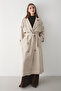 Women's Beige Double-Breasted Collar Belted Long Trench Coat - 6