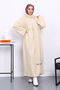 Beige Crew Neck Dress with Waist Belt