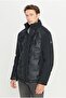 Standard Fit Regular Cut Mock Neck Side Pockets Casual Black Coat - 3