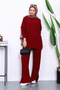 Burgundy Corded Fabric Yumoş Tunic Knitwear Set with Trousers - 2
