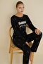 طقم بيجامة نسائي أسود منقوش برقبة دائرية بدون أزرار موسمي ليكرا فيسكوز بأكمام طويلة - 6
