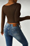 Coffee Boat Neck Long Sleeve Side Gathered Blouse,Boat Neck Dark Brown Corded Fabric Long Sleeve Crop Blouse - 4