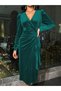 Women's Long Sleeve Double Breasted Collar Side Gathered Midi Velvet Dress