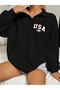 Women's Black Logo Usa Flag Printed Half Zipper Mock Neck Sweatshirt
