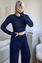 Navy Blue Winter Premium Corded Fabric Finger Snap Crop Blouse Wide Leg Pants Set