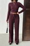 Burgundy Winter Premium Corded Fabric Finger Snap Crop Blouse Wide Leg Pants Set - 3