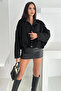 Women's Black Oversized Zipper and Snap Closure Pocketless Suede Leather Jacket Hzl25W-Bd107301