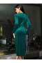Women's Long Sleeve Double Breasted Collar Side Gathered Midi Velvet Dress - 4
