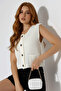 Women's Ecru Sleeveless Buttoned Knit Vest – Comfortable Casual Model with Pockets