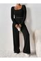 Women's Black Corded Fabric Knitted Fabric Square Neck Long Sleeve Crop Body-Slack Fit Pants Set - 3
