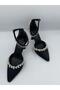ALLYS Black Satin Women's Shoes with Crystal Stone Details, 9 cm Heel - 3