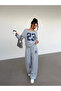 Women's Gray Boat Neck Ribbed Printed 23 Sweatshirt - Gray Loose Fit Comfortable Tracksuit Set - 3
