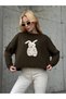 Rabbit Printed Crew Neck Sweater Oversized Khaki Colored Sweater - 8