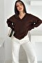 Women's Brown V-Neck Standard Size Oversize Basic Knitwear Sweater - 4