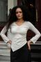 Women's Stretch Fabric Flexible Lightweight Shiny Fabric V-Neck Gathered Long Sleeve Asymmetrical Blouse-Stone - 5