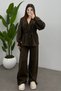 Women's Brown Waist Tassel Lace-Up Detailed Cardigan Pants Two-Piece Knitwear Set