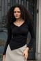 Women's Stretch Fabric Flexible Lightweight Shiny Fabric V-Neck Shirring Long Sleeve Asymmetrical Blouse-Black - 3