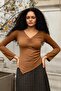 Women's Stretch Fabric Flexible Lightweight Shiny Fabric V-Neck Shirred Long Sleeve Asymmetrical Blouse-Brown - 3