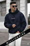 Men's Navy Blue Spectacular Hooded Oversized 3 Thread Kangaroo Pocket Fleece-Lined Casual Hoodie Sweatshirt - 3