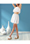 Women's Regular Fit White Elastic Waist Lace-Up Self-Textured Cotton Mini Skirt