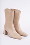 Women's Heeled Winter Boots Square Toe Nut Wrinkled Leather-Look Gold Detailed 6.5 cm Thick Heel - 3