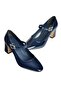 V250670708 Navy Blue Patent Leather Thick Heeled Women's Shoes - 7